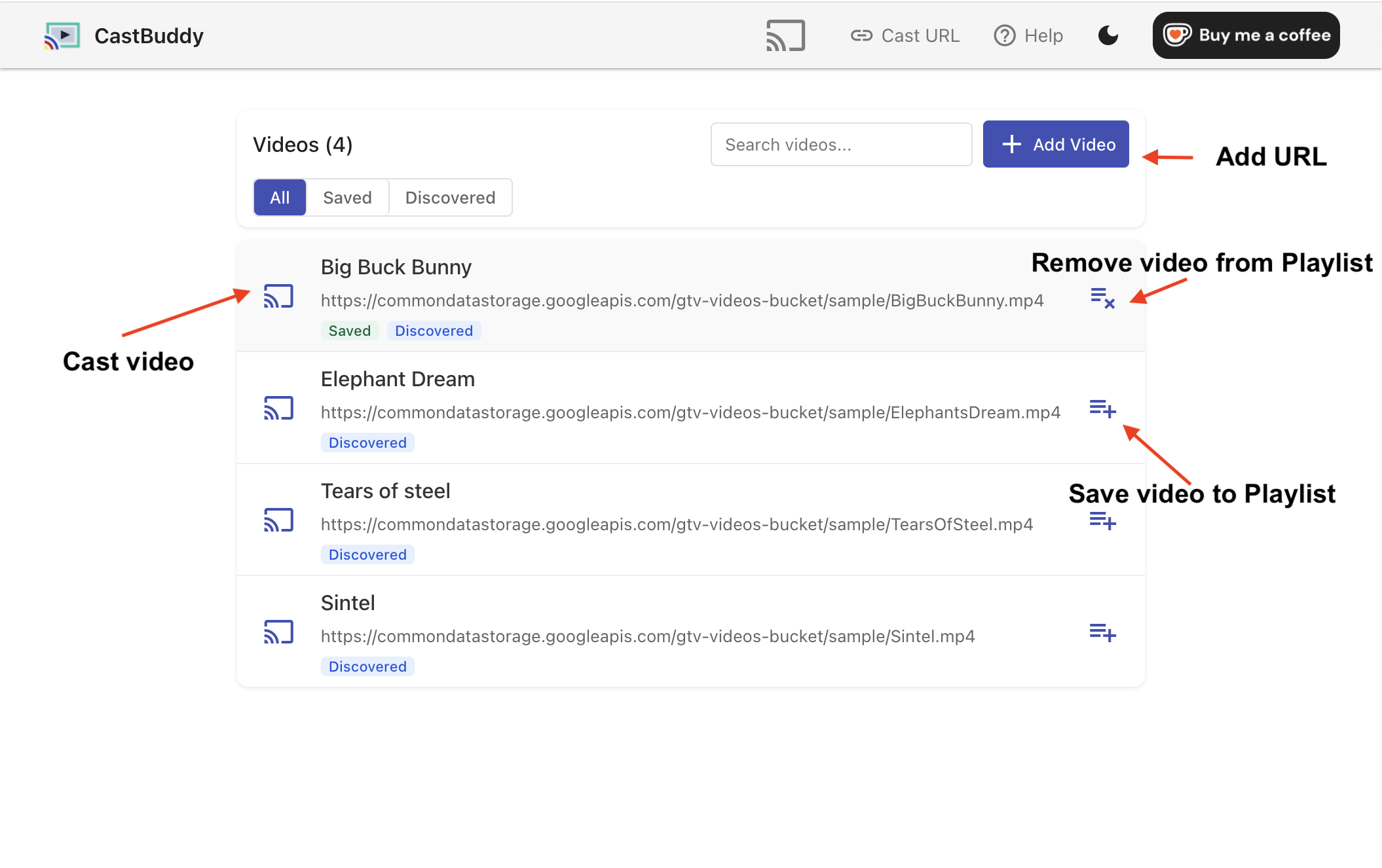 CastBuddy interface showing discovered videos